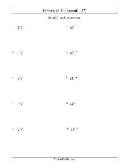 The Powers of Exponents (All Positive) (C) Math Worksheet
