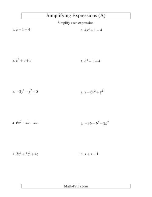 Algebraic Expressions Worksheets With Answers Pdf