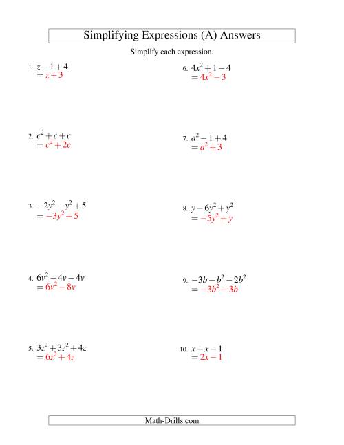algebra 1 assignment simplify each expression answer key