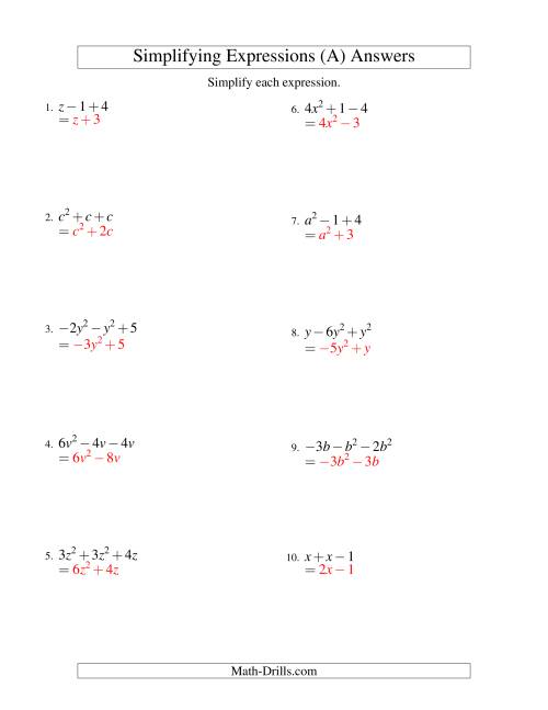 Simplifying Algebraic Expressions With One Variable And Three Terms 