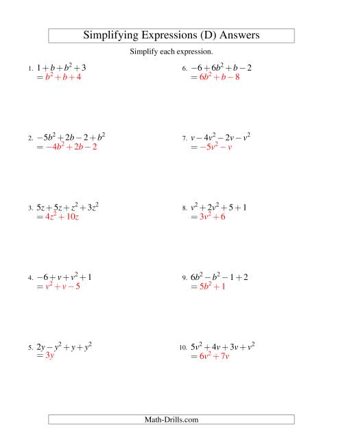 Simplifying Algebraic Expressions with One Variable and Four Terms