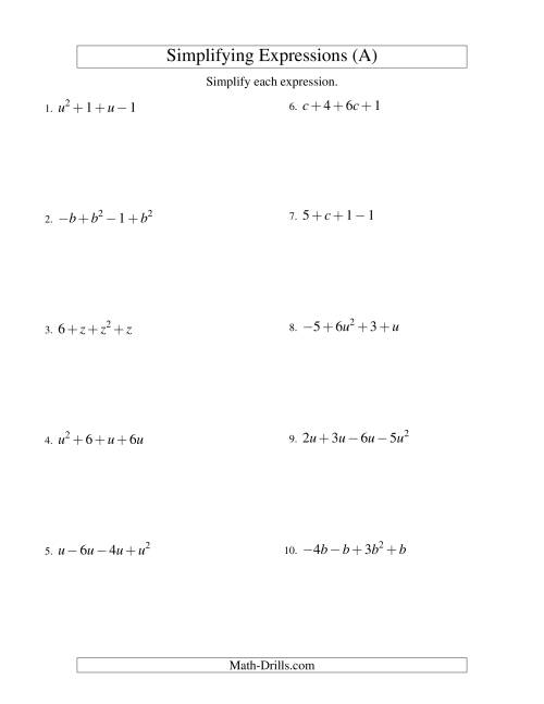 The Simplifying Algebraic Expressions with One Variable and Four Terms (Addition and Subtraction) (All) Math Worksheet