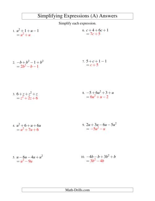Simplifying Algebraic Expressions Worksheet Math Aids