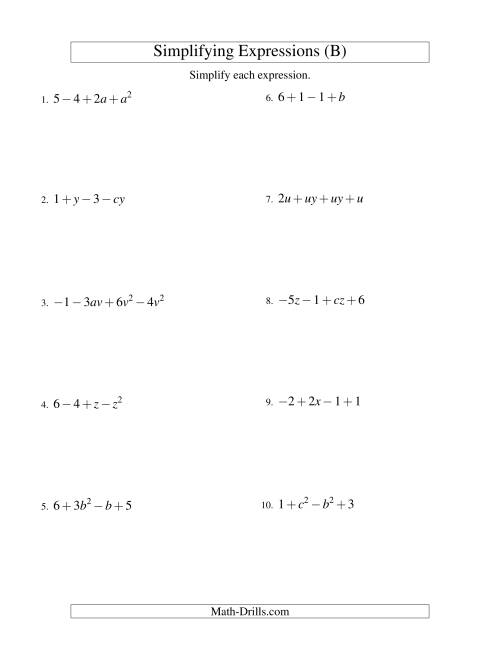 The Simplifying Algebraic Expressions with Two Variables and Four Terms (Addition and Subtraction) (B) Math Worksheet