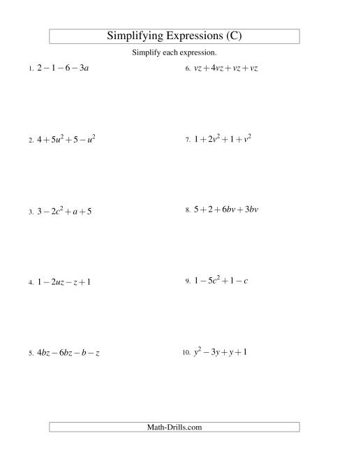 The Simplifying Algebraic Expressions with Two Variables and Four Terms (Addition and Subtraction) (C) Math Worksheet