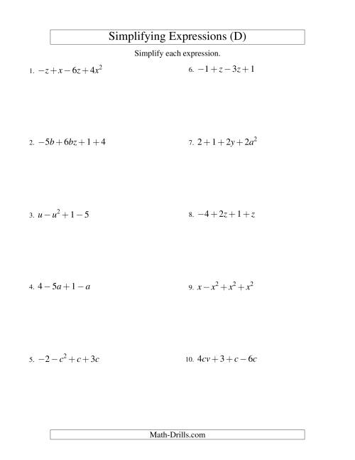 The Simplifying Algebraic Expressions with Two Variables and Four Terms (Addition and Subtraction) (D) Math Worksheet