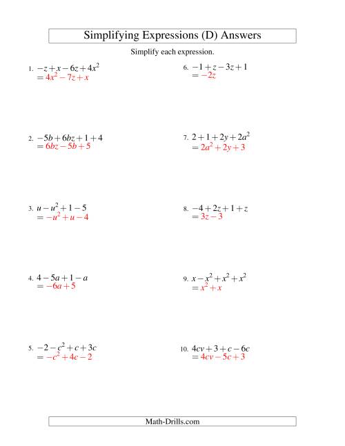 The Simplifying Algebraic Expressions with Two Variables and Four Terms (Addition and Subtraction) (D) Math Worksheet Page 2