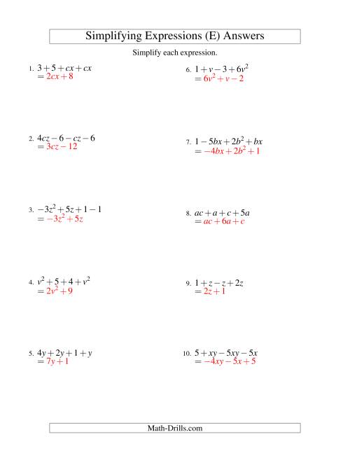 Simplifying Algebraic Expressions with Two Variables and Four Terms ...