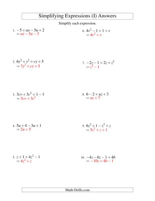 The Simplifying Algebraic Expressions with Two Variables and Four Terms (Addition and Subtraction) (I) Math Worksheet Page 2