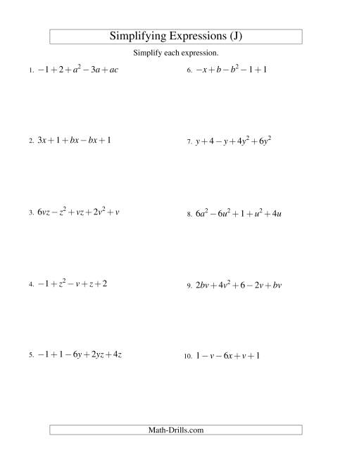 The Simplifying Algebraic Expressions with Two Variables and Five Terms (Addition and Subtraction) (J) Math Worksheet