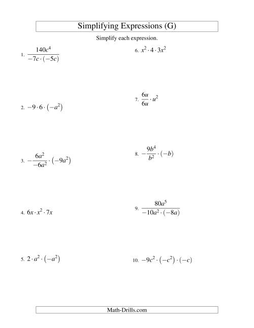 The Simplifying Algebraic Expressions with One Variable and Three Terms (Multiplication and Division) (G) Math Worksheet