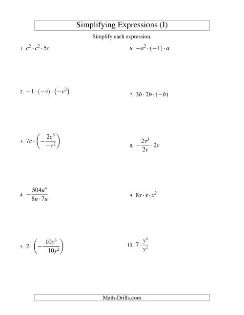 The Simplifying Algebraic Expressions with One Variable and Three Terms (Multiplication and Division) (I) Math Worksheet