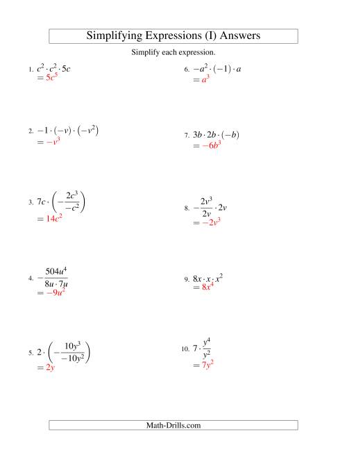 The Simplifying Algebraic Expressions with One Variable and Three Terms (Multiplication and Division) (I) Math Worksheet Page 2