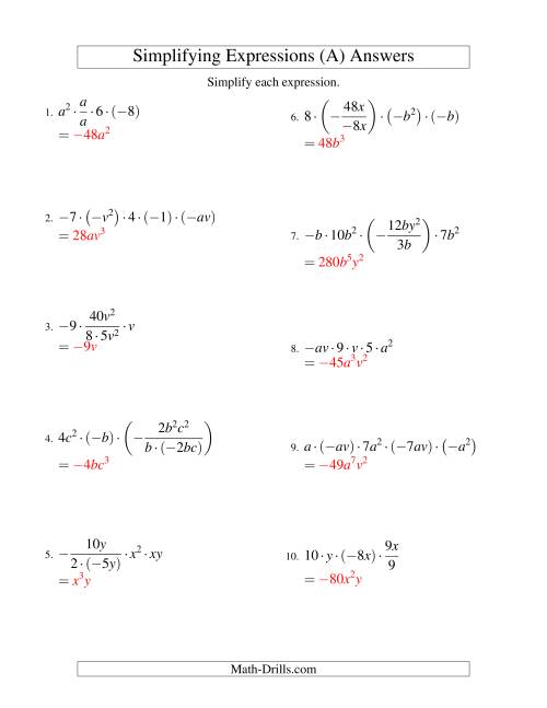 simplifying algebraic expressions with two variables and five terms multiplication and division a