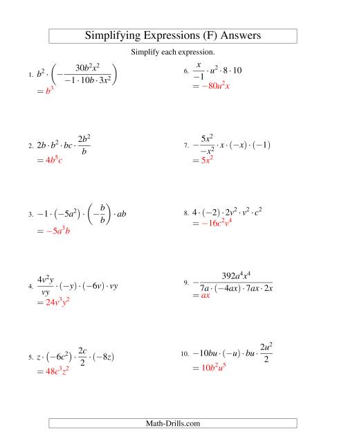 The Simplifying Algebraic Expressions with Two Variables and Five Terms (Multiplication and Division) (F) Math Worksheet Page 2