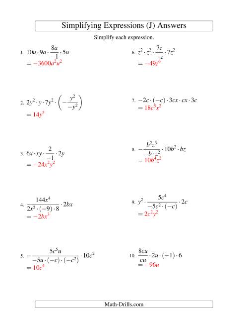 The Simplifying Algebraic Expressions with Two Variables and Five Terms (Multiplication and Division) (J) Math Worksheet Page 2