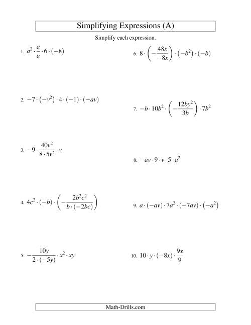 The Simplifying Algebraic Expressions with Two Variables and Five Terms (Multiplication and Division) (All) Math Worksheet