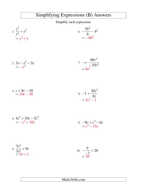 The Simplifying Algebraic Expressions with One Variable and Three Terms (All Operations) (B) Math Worksheet Page 2