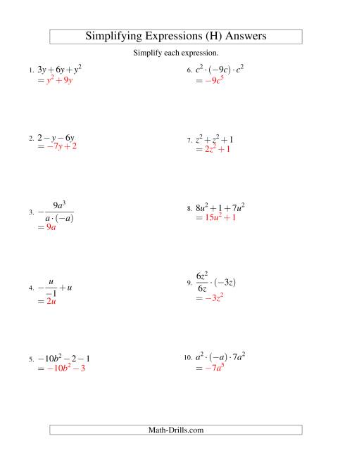 The Simplifying Algebraic Expressions with One Variable and Three Terms (All Operations) (H) Math Worksheet Page 2