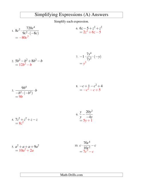 Simplifying Algebraic Expressions with One Variable and Four Terms (All