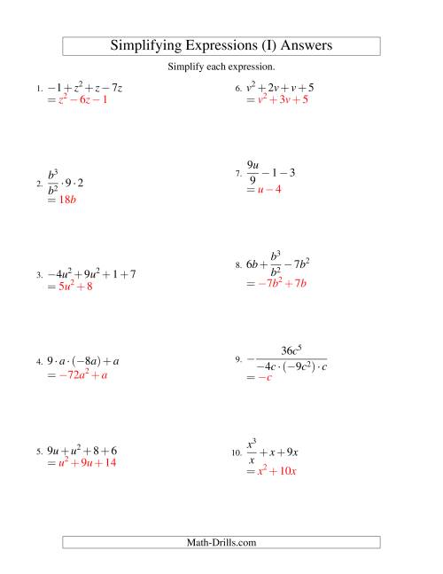 Simplifying Algebraic Expressions with One Variable and Four Terms (All