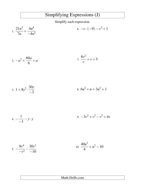 The Simplifying Algebraic Expressions with One Variable and Four Terms (All Operations) (J) Math Worksheet