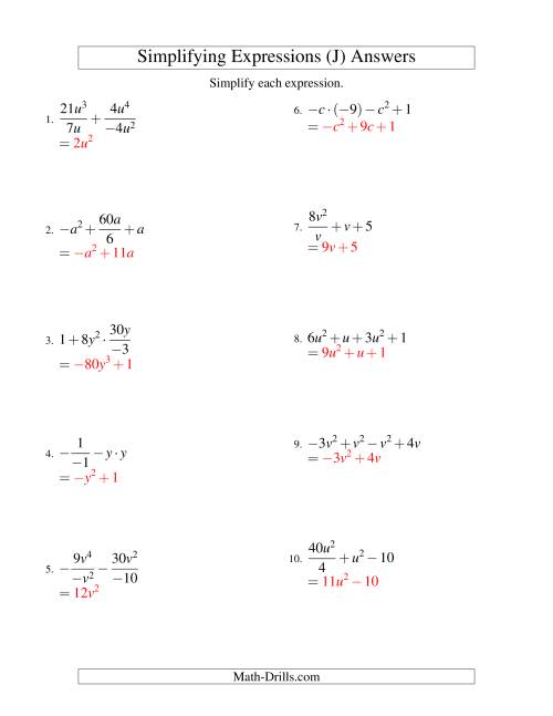 The Simplifying Algebraic Expressions with One Variable and Four Terms (All Operations) (J) Math Worksheet Page 2