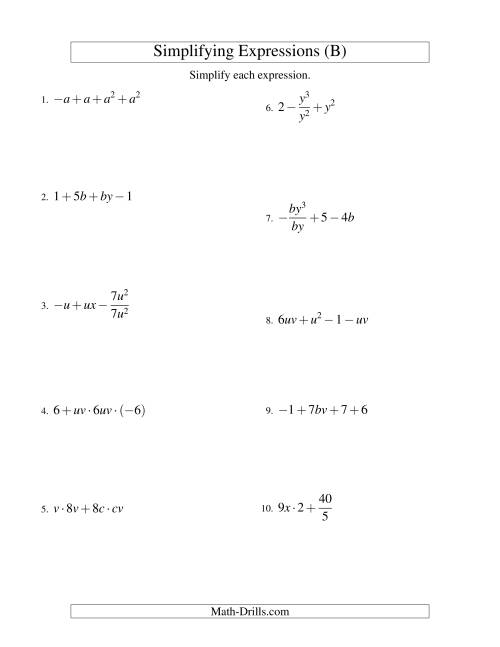 The Simplifying Algebraic Expressions with Two Variables and Four Terms (All Operations) (B) Math Worksheet