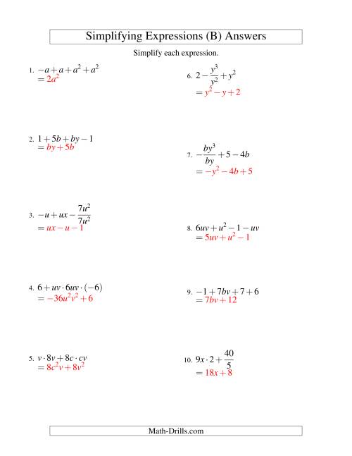 The Simplifying Algebraic Expressions with Two Variables and Four Terms (All Operations) (B) Math Worksheet Page 2