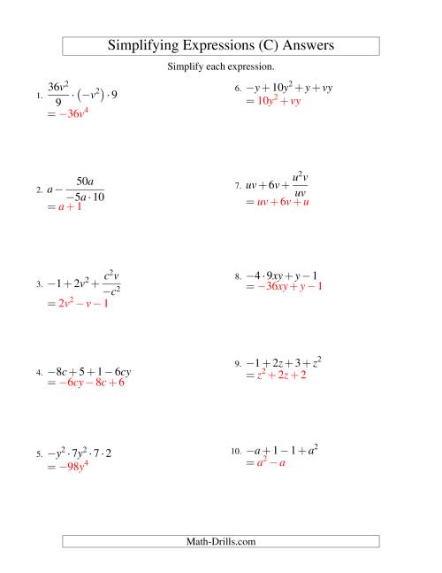 The Simplifying Algebraic Expressions with Two Variables and Four Terms (All Operations) (C) Math Worksheet Page 2