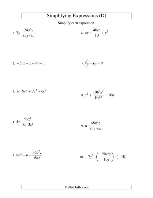 The Simplifying Algebraic Expressions with Two Variables and Four Terms (All Operations) (D) Math Worksheet