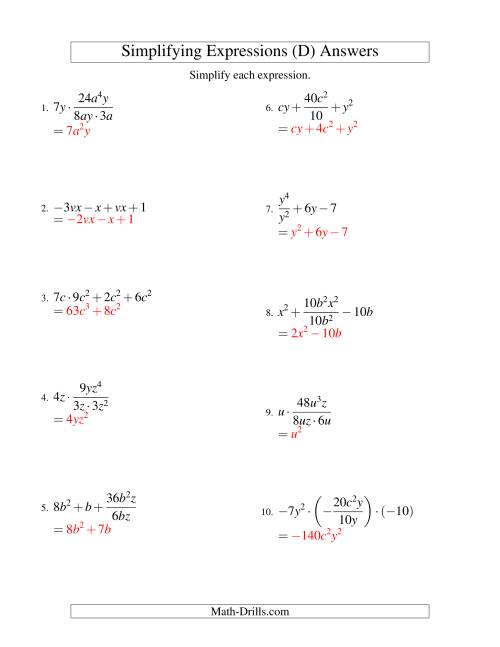 The Simplifying Algebraic Expressions with Two Variables and Four Terms (All Operations) (D) Math Worksheet Page 2