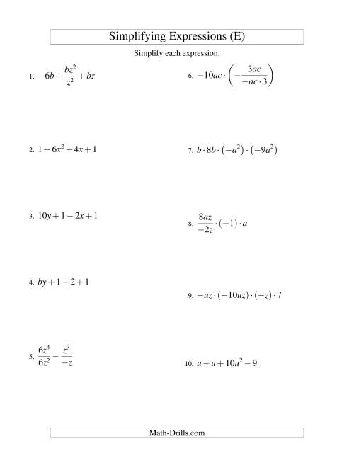 The Simplifying Algebraic Expressions with Two Variables and Four Terms (All Operations) (E) Math Worksheet