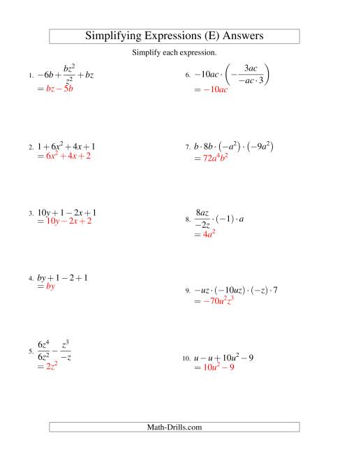 The Simplifying Algebraic Expressions with Two Variables and Four Terms (All Operations) (E) Math Worksheet Page 2