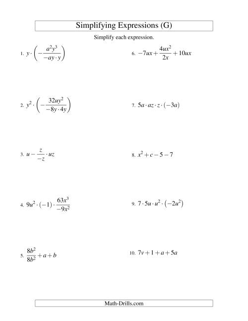 The Simplifying Algebraic Expressions with Two Variables and Four Terms (All Operations) (G) Math Worksheet
