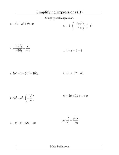 The Simplifying Algebraic Expressions with Two Variables and Four Terms (All Operations) (H) Math Worksheet