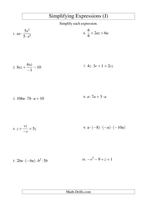 The Simplifying Algebraic Expressions with Two Variables and Four Terms (All Operations) (J) Math Worksheet