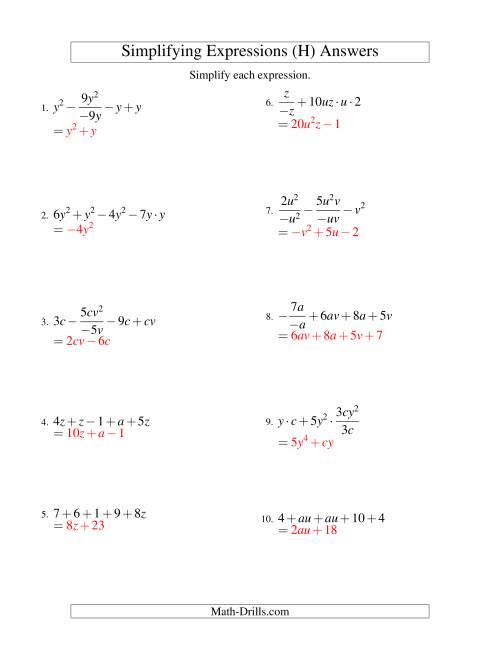 The Simplifying Algebraic Expressions with Two Variables and Five Terms (All Operations) (H) Math Worksheet Page 2