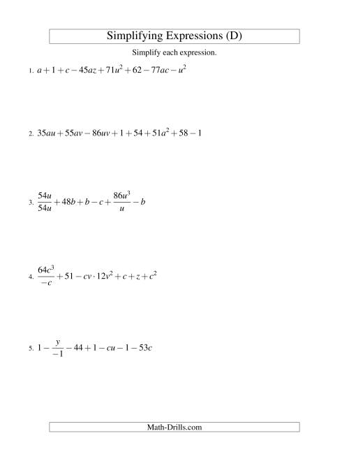The Simplifying Algebraic Expressions (Challenge) (D) Math Worksheet
