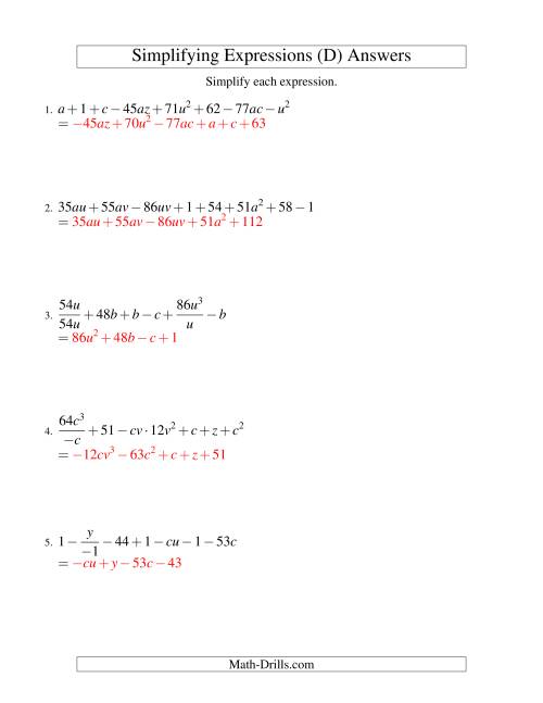 The Simplifying Algebraic Expressions (Challenge) (D) Math Worksheet Page 2