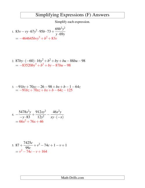 The Simplifying Algebraic Expressions (Challenge) (F) Math Worksheet Page 2