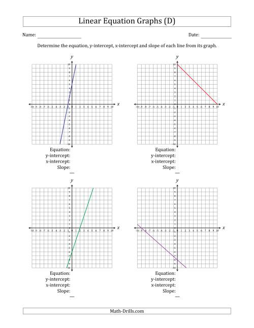 The Determining the Equation, Y-Intercept, X-Intercept and Slope from a Linear Equation Graph (D) Math Worksheet