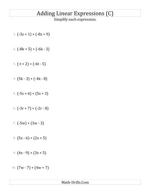 The Adding and Simplifying Linear Expressions (C) Math Worksheet