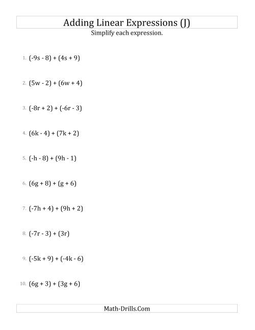 The Adding and Simplifying Linear Expressions (J) Math Worksheet