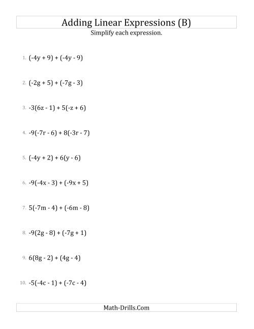 The Adding and Simplifying Linear Expressions with Some Multipliers (B) Math Worksheet