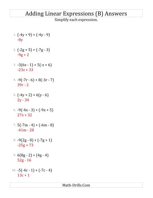 The Adding and Simplifying Linear Expressions with Some Multipliers (B) Math Worksheet Page 2