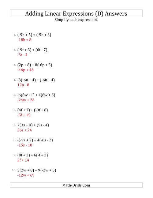 The Adding and Simplifying Linear Expressions with Some Multipliers (D) Math Worksheet Page 2