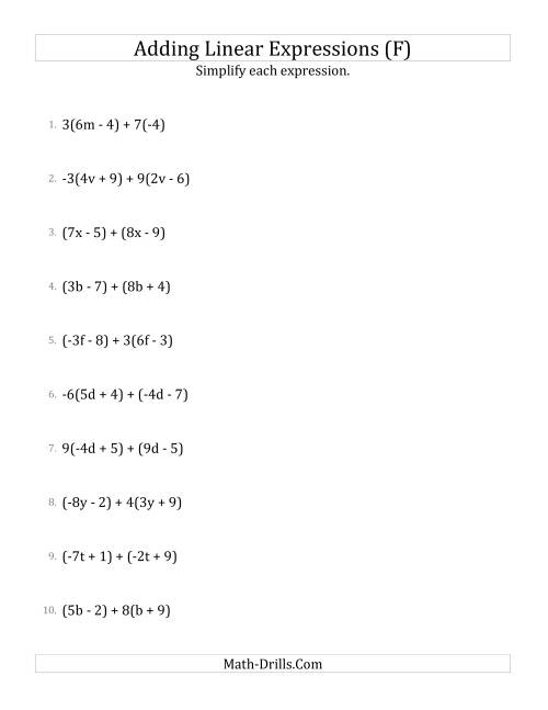 The Adding and Simplifying Linear Expressions with Some Multipliers (F) Math Worksheet