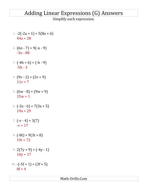 The Adding and Simplifying Linear Expressions with Some Multipliers (G) Math Worksheet Page 2