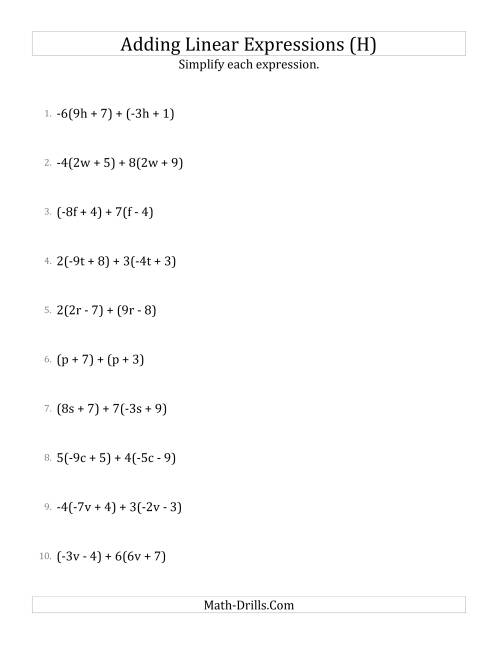 The Adding and Simplifying Linear Expressions with Some Multipliers (H) Math Worksheet